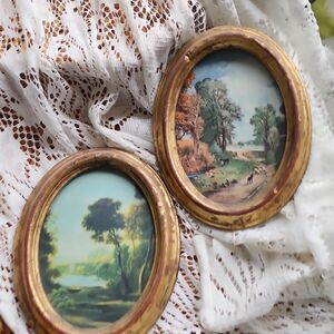 Vintage Made In Italy Nashco Oval Wooden Framed Scenery Brushed Gold